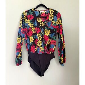 k/lab Women's XS Floral Long Sleeve Bodysuit Stretch Black Multi